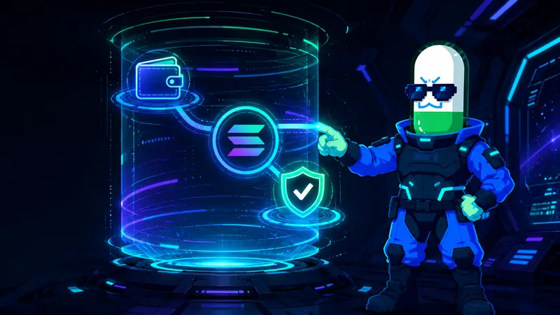 CYBERPUMP standing beside a holographic display showing a wallet, the Solana logo and a verification shield.