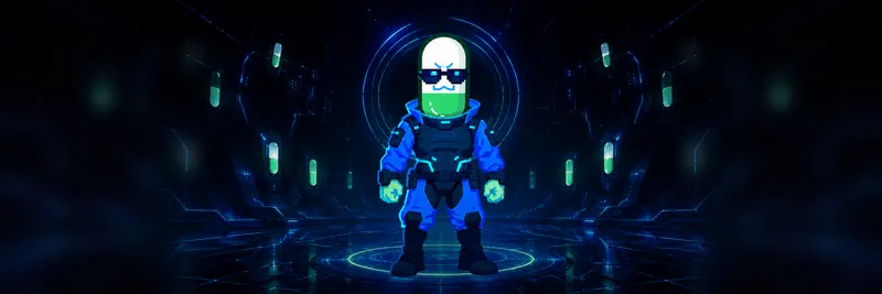 Wide banner of CYBERPUMP on patrol in a corridor lined with capsule pods.