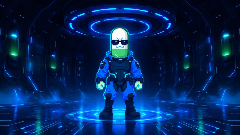 CYBERPUMP standing under glowing blue rings in the cyber chamber.