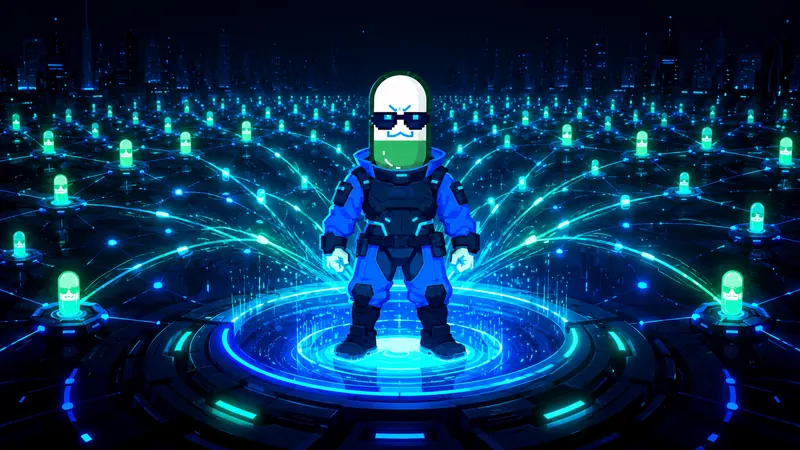 CYBERPUMP on a glowing platform connected by light trails to a field of capsule nodes.