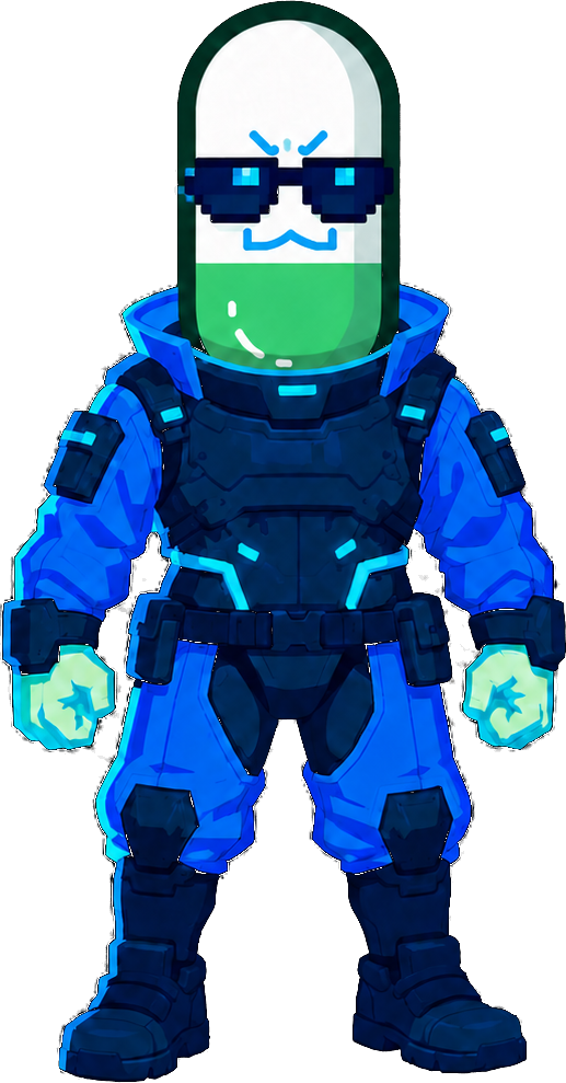 CYBERPUMP: a green-and-white capsule character wearing pixel sunglasses and cobalt-blue cyber armor.