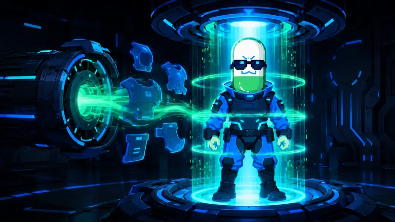 The CYBERPUMP capsule suspended in a beam of green energy while armor plates assemble around it.