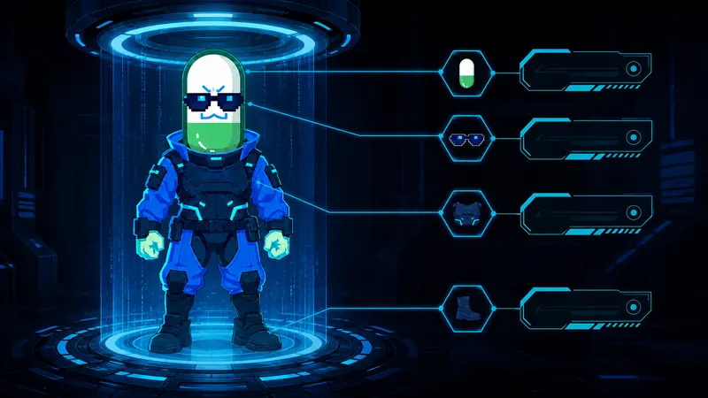 Scan readout of the CYBERPUMP unit with callouts pointing at the capsule, shades, armor and boots.
